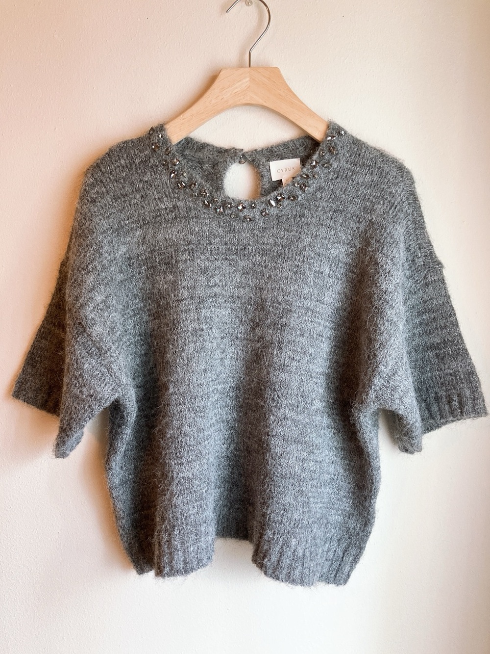 Cyrus Gray Beaded Crew Neck Short-Sleeve Sweater Spring Medium Preppy